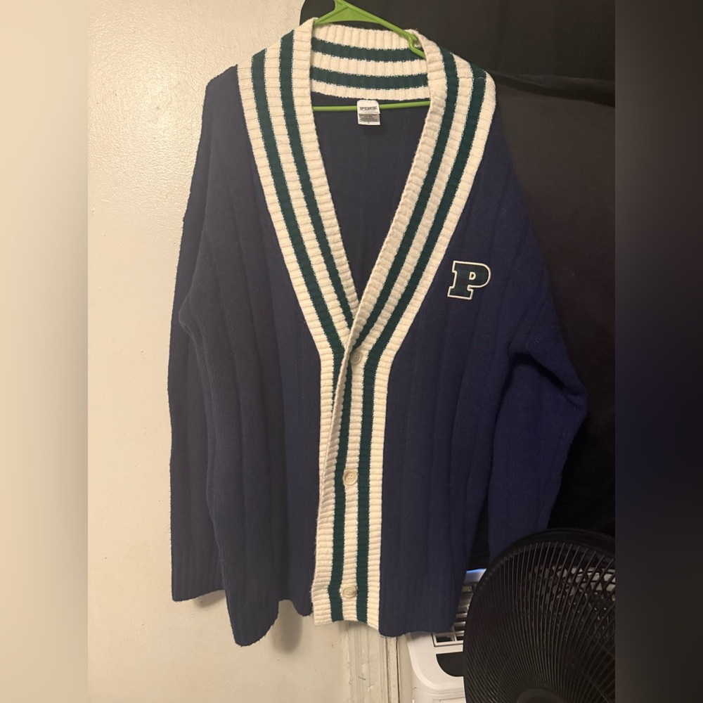 PINK Victoria's Secret Navy and White Varsity Cardigan Size L (Fits like 2XL)